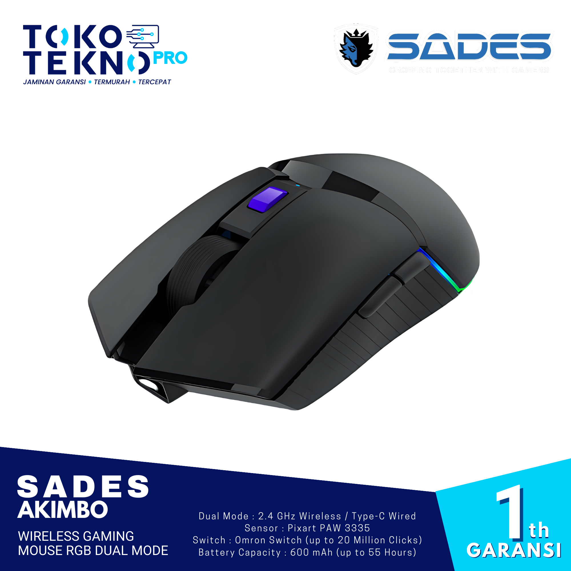 Sades Akimbo Wireless Gaming Mouse RGB Dual Mode
