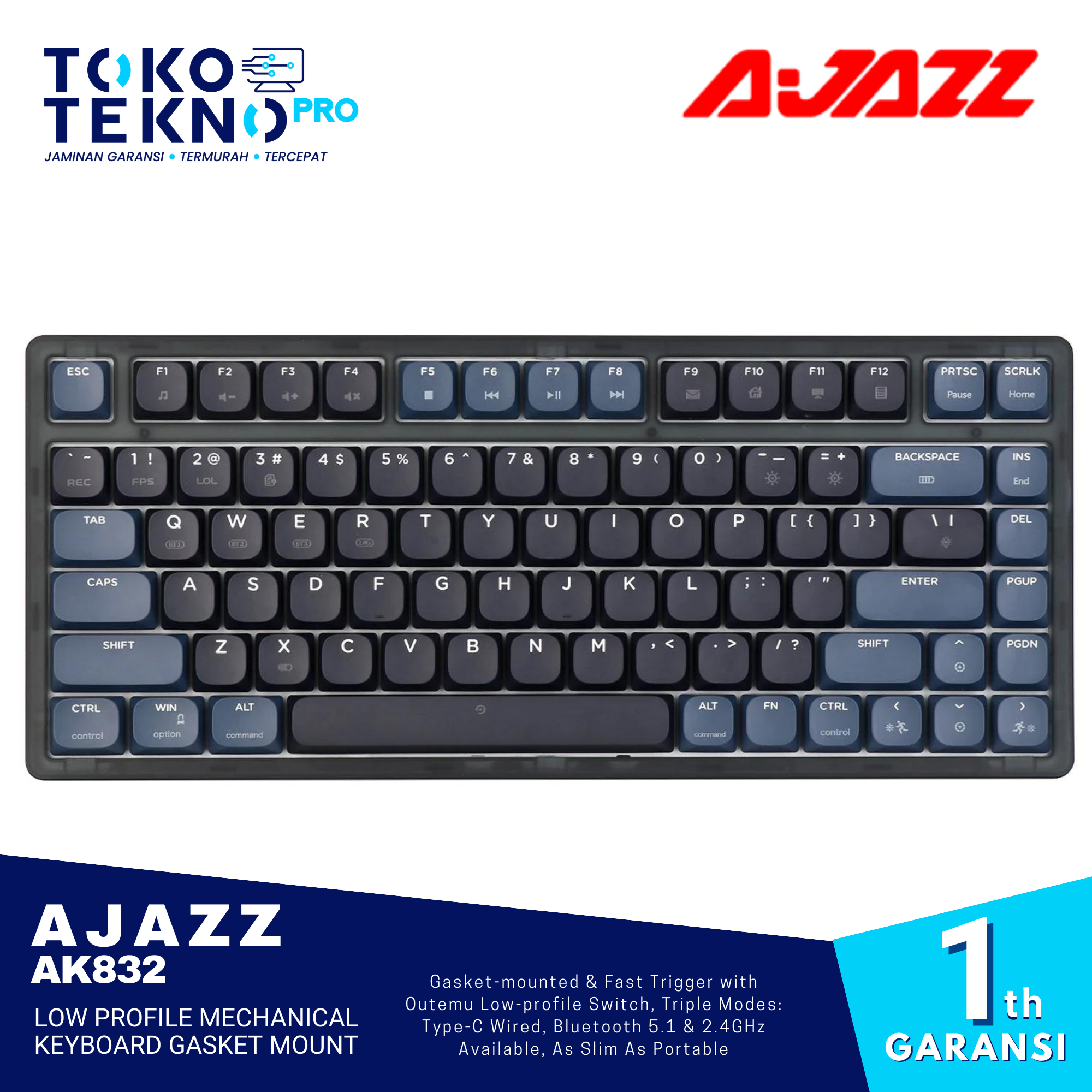 Ajazz AK832 Low Profile Mechanical Keyboard Gasket Mount - TOKOTEKNO