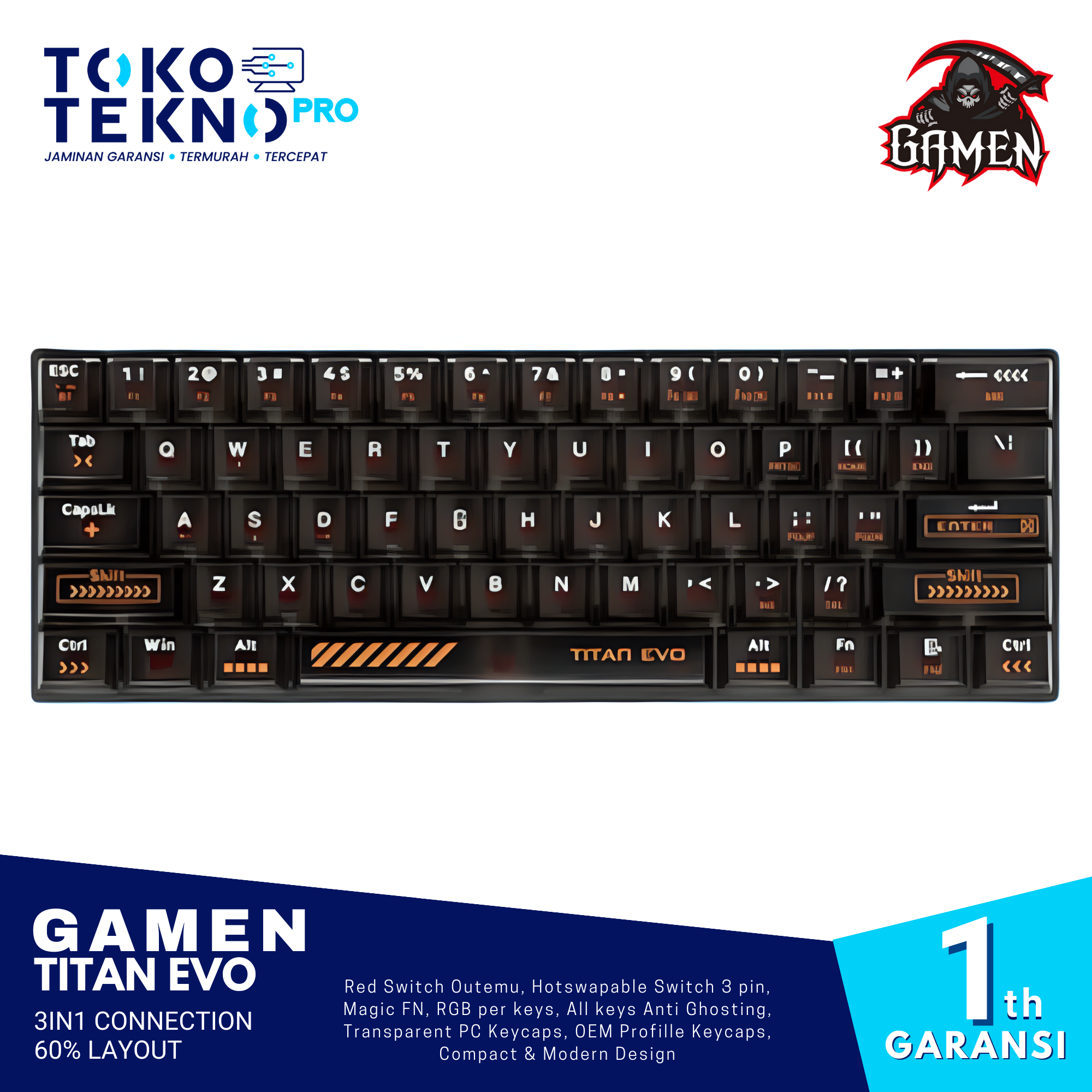 Gamen Titan Evo Wireless Gaming Keyboard 3in1 Connection 60% Layout