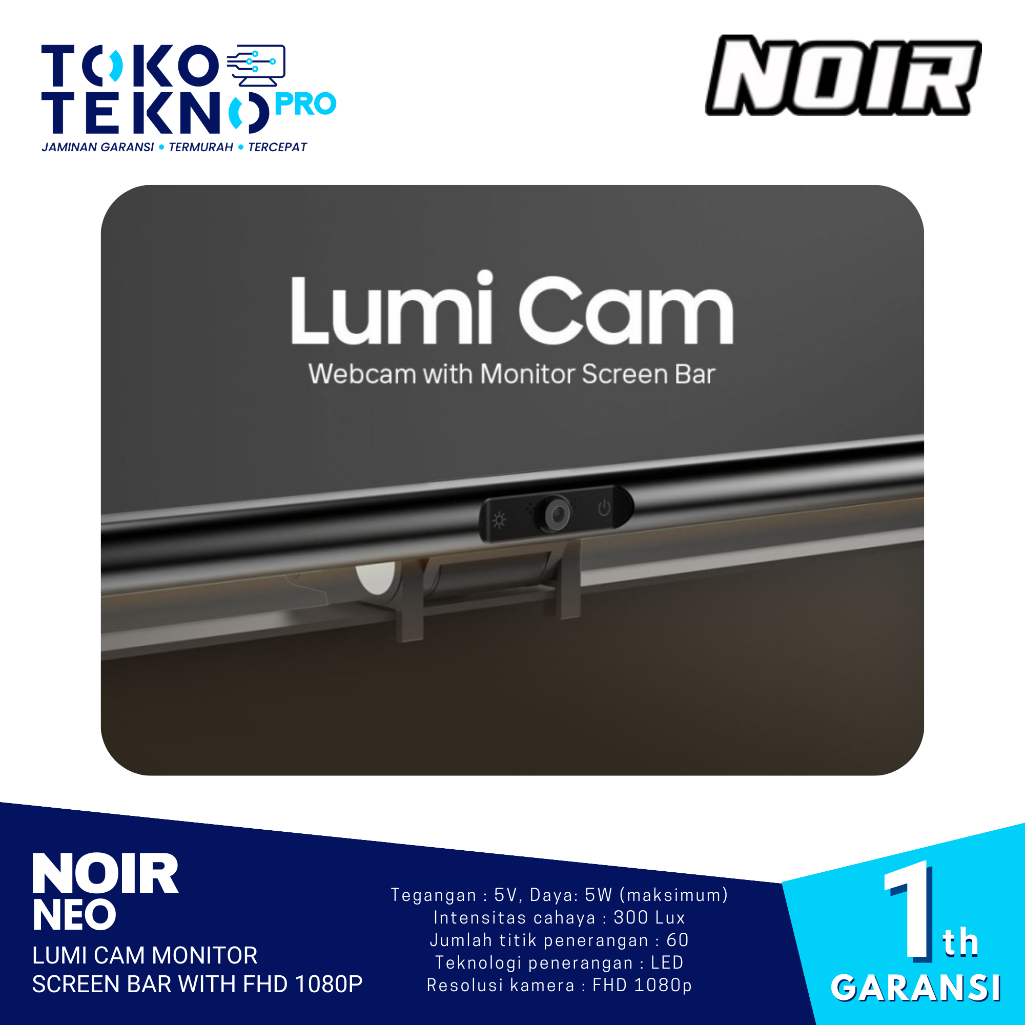 Noir Neo Lumi Cam Monitor Screen Bar with FHD 1080p Webcam