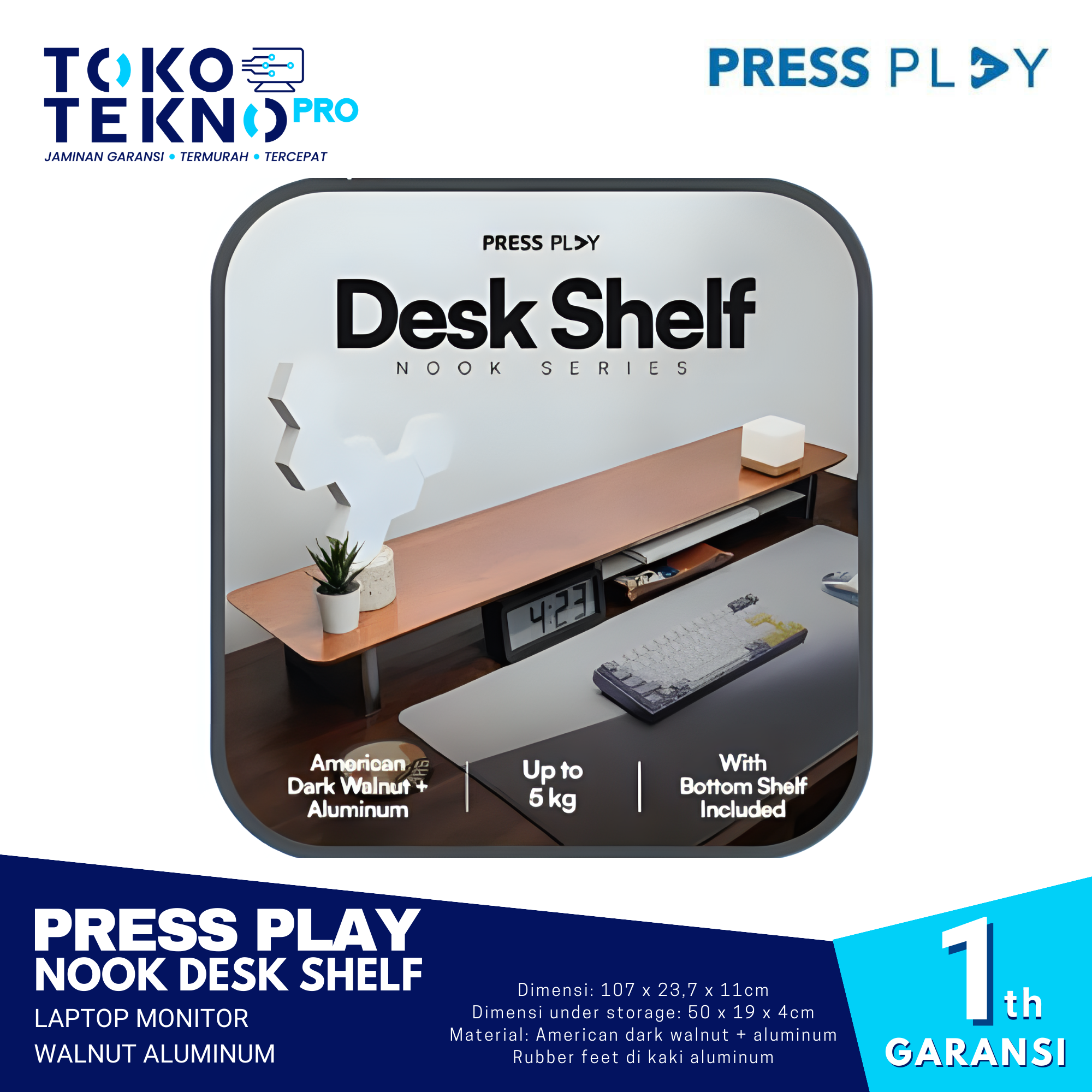 Press Play Nook Desk Shelf Laptop Monitor Walnut Aluminum