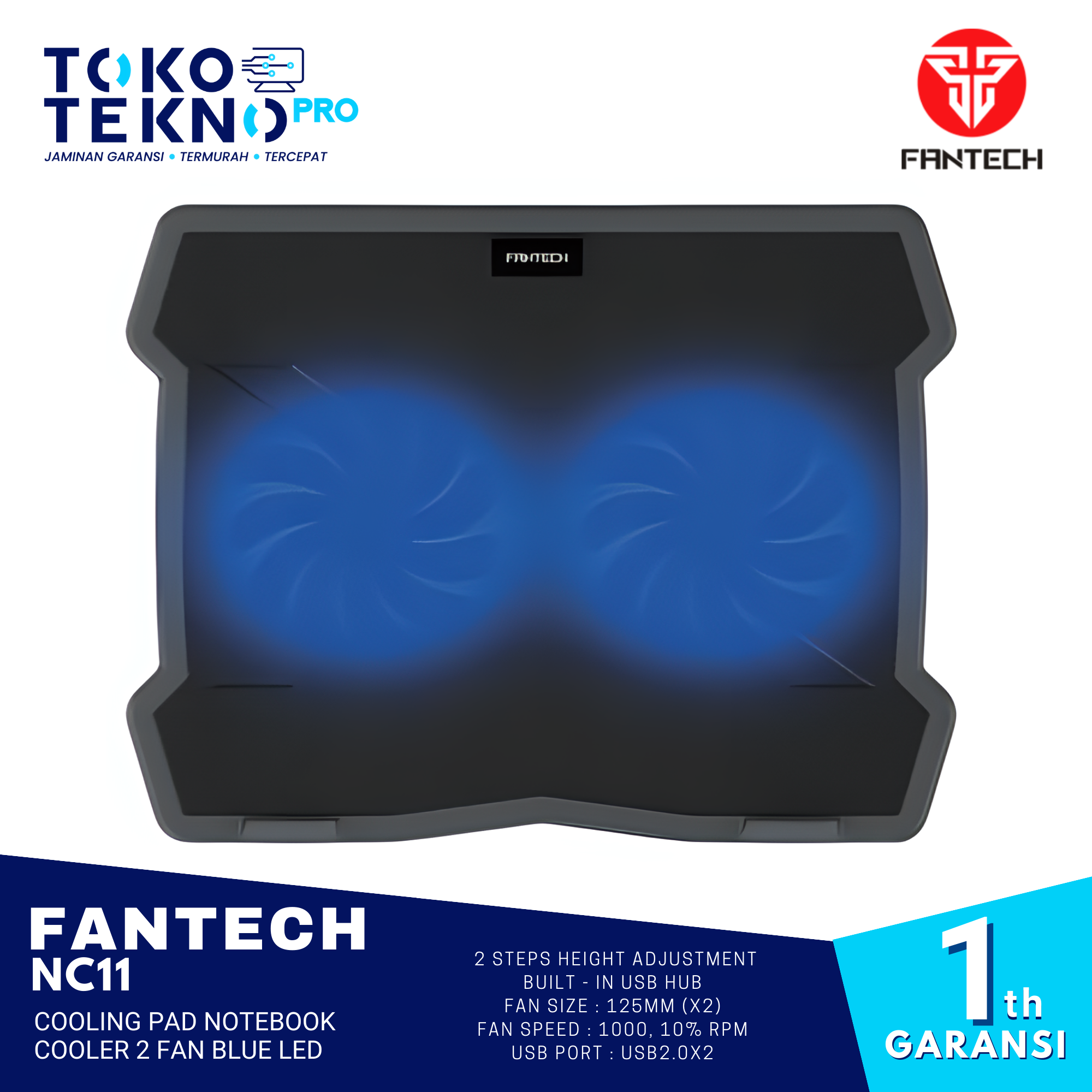 Fantech NC11 Cooling Pad Notebook Cooler 2 Fan Blue LED