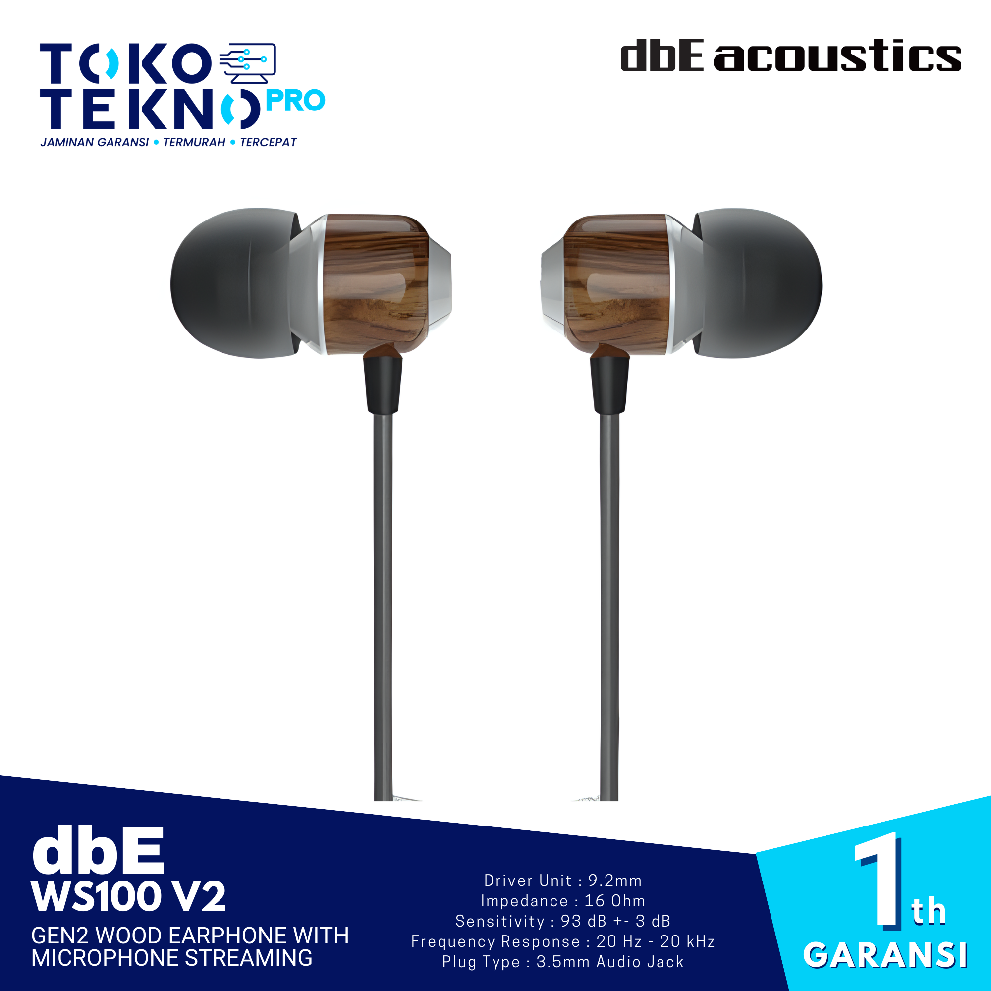 dbE WS100 V2 Gen2 Wood Earphone with Microphone Streaming