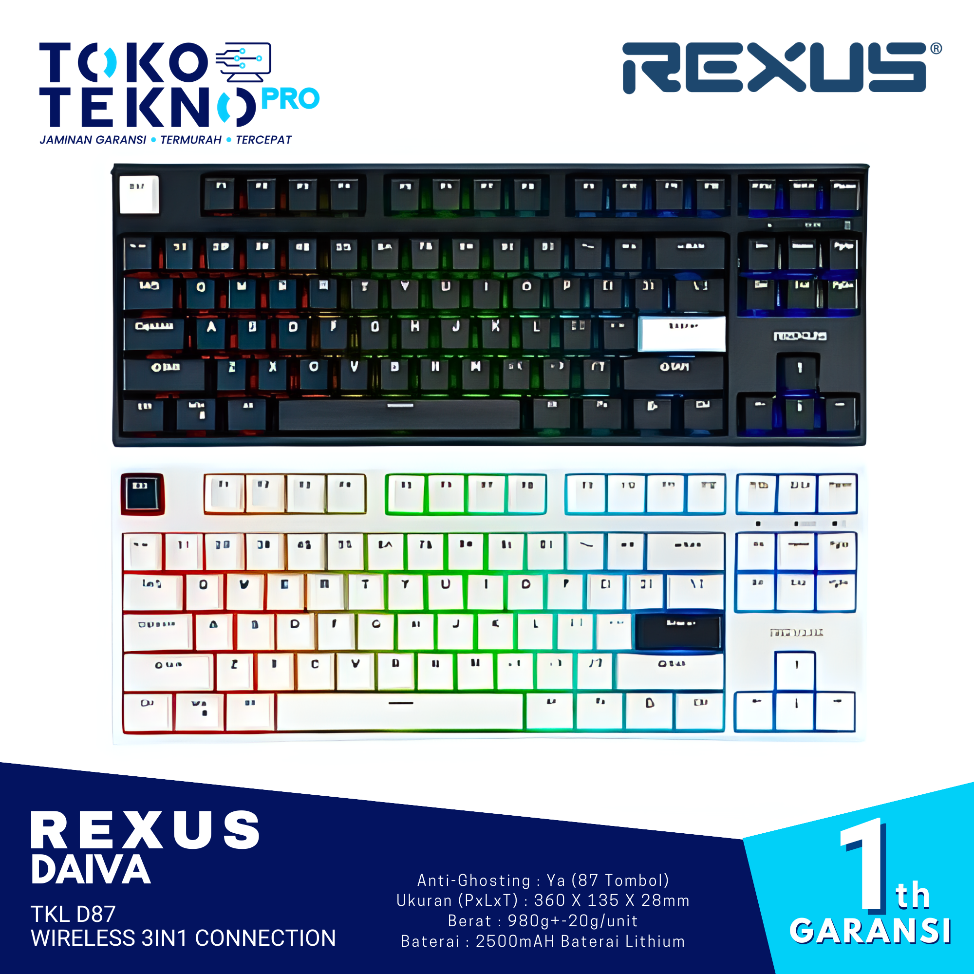 Rexus Daiva TKL D87 / D-87 Wireless 3in1 Connection Gaming Keyboard