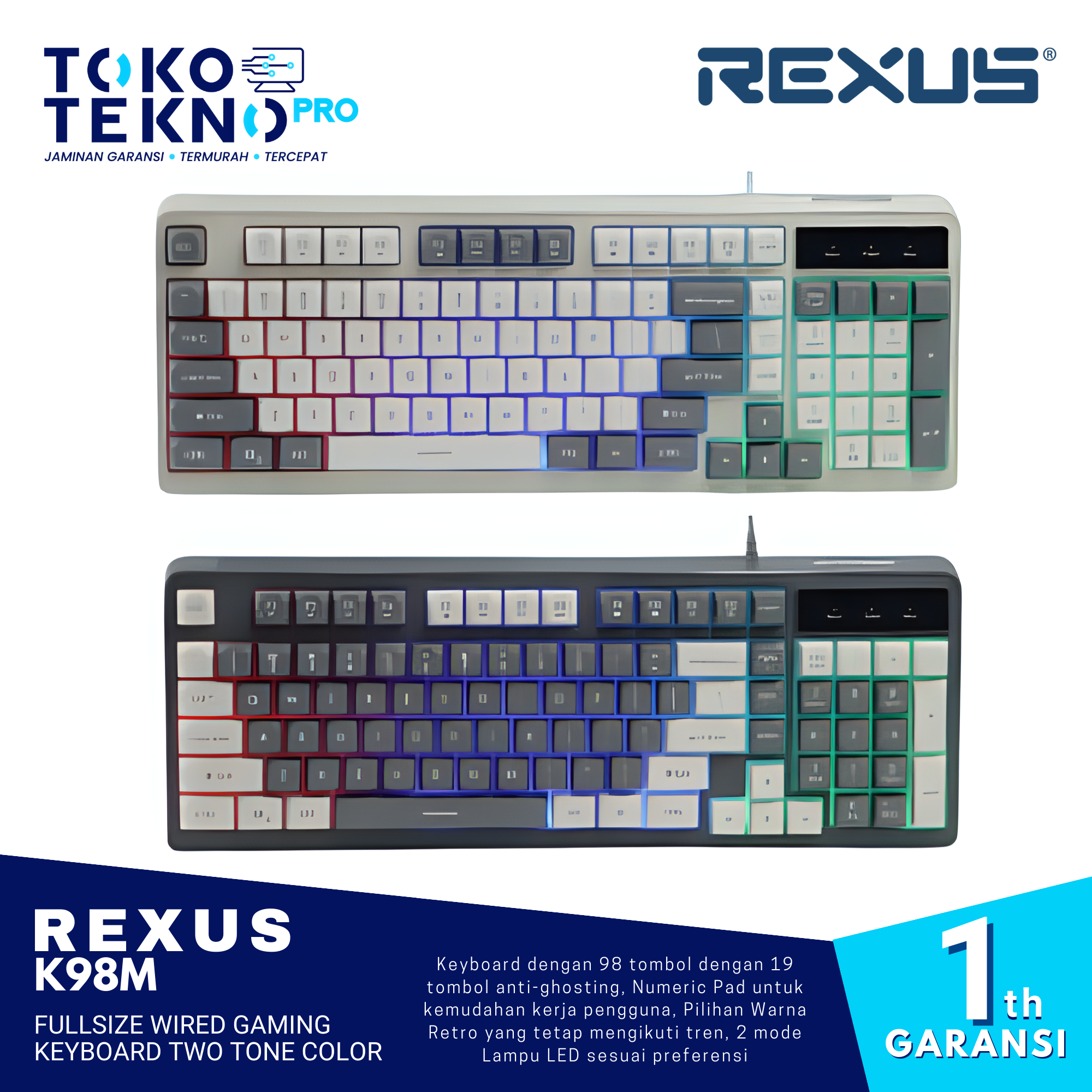Rexus K98M / K98-M Fullsize Wired Gaming Keyboard Two Tone Color