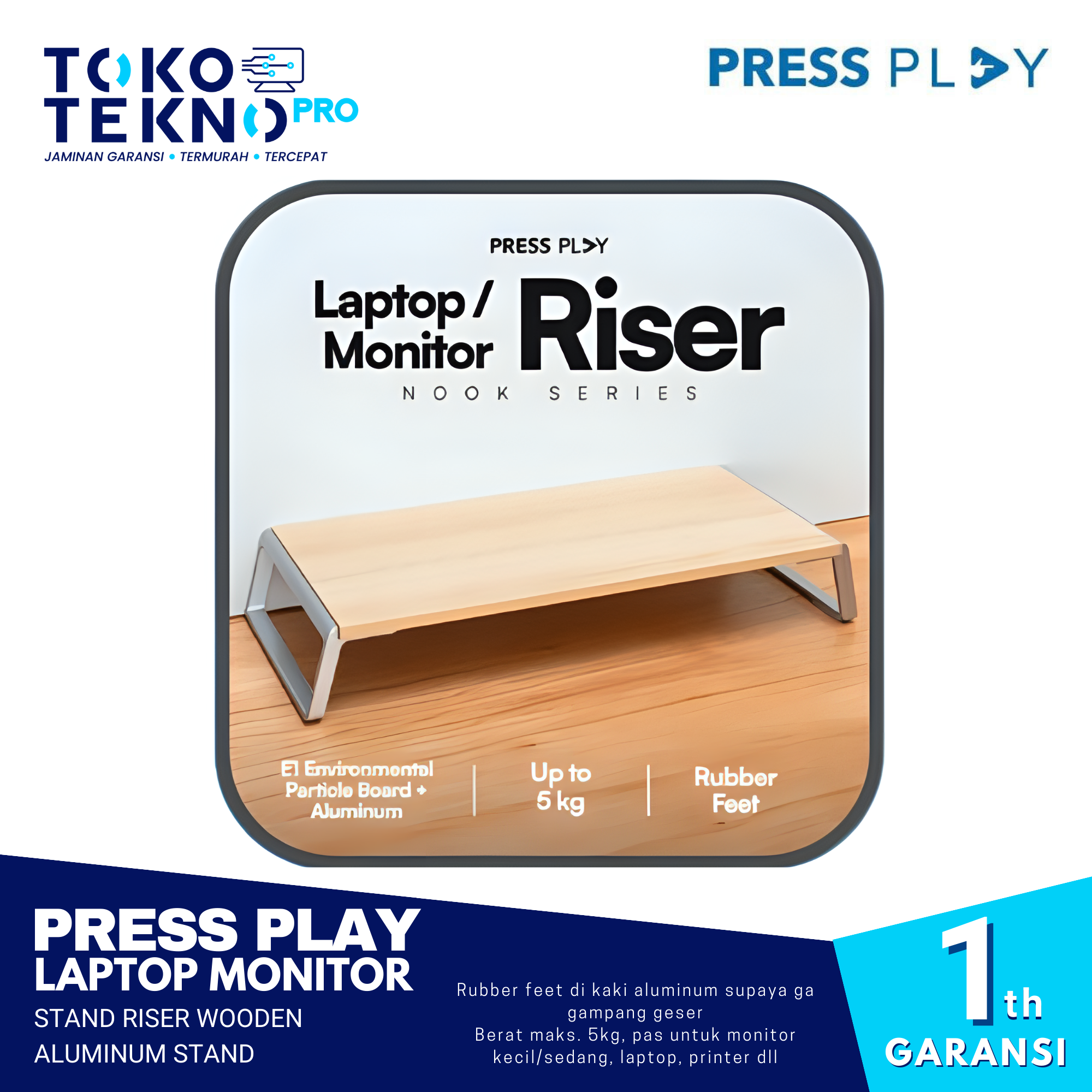 Press Play Laptop Monitor Stand Riser Wooden Aluminum Stand
