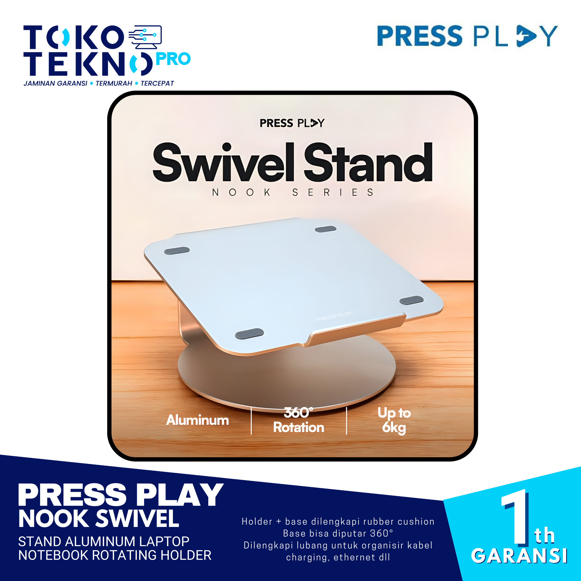 Press Play Nook Swivel Stand Aluminum Laptop Notebook Rotating Holder