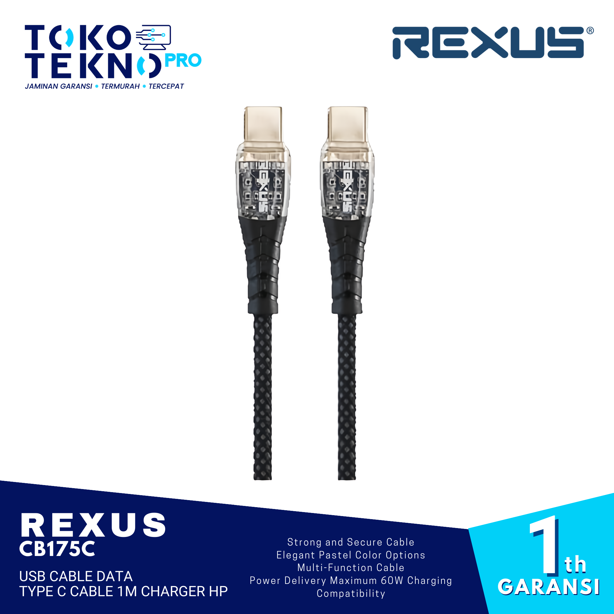 Rexus CB175C USB Cable Data Type C Cable 1m Charger HP