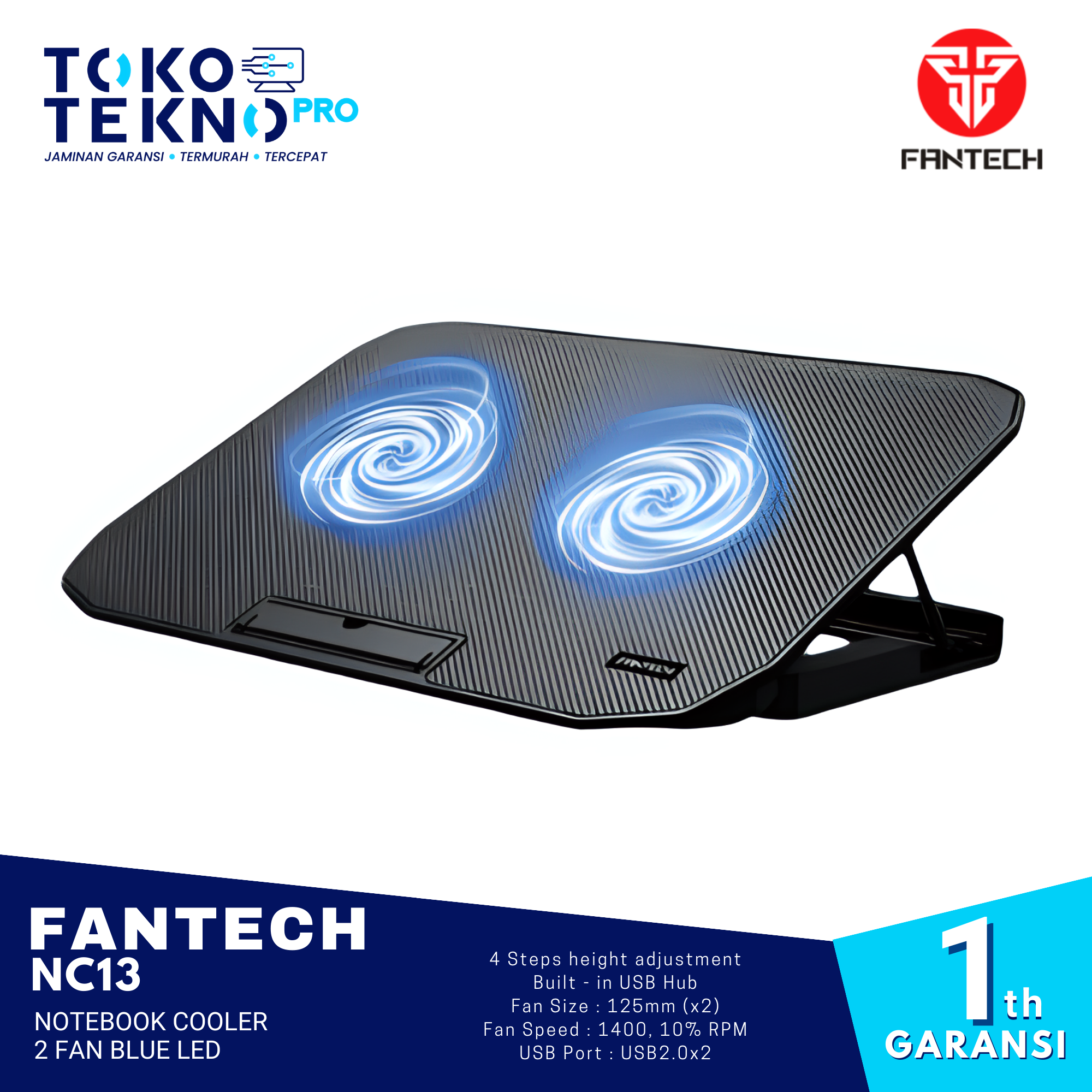 Fantech NC13 Notebook Cooler 2 Fan Blue LED