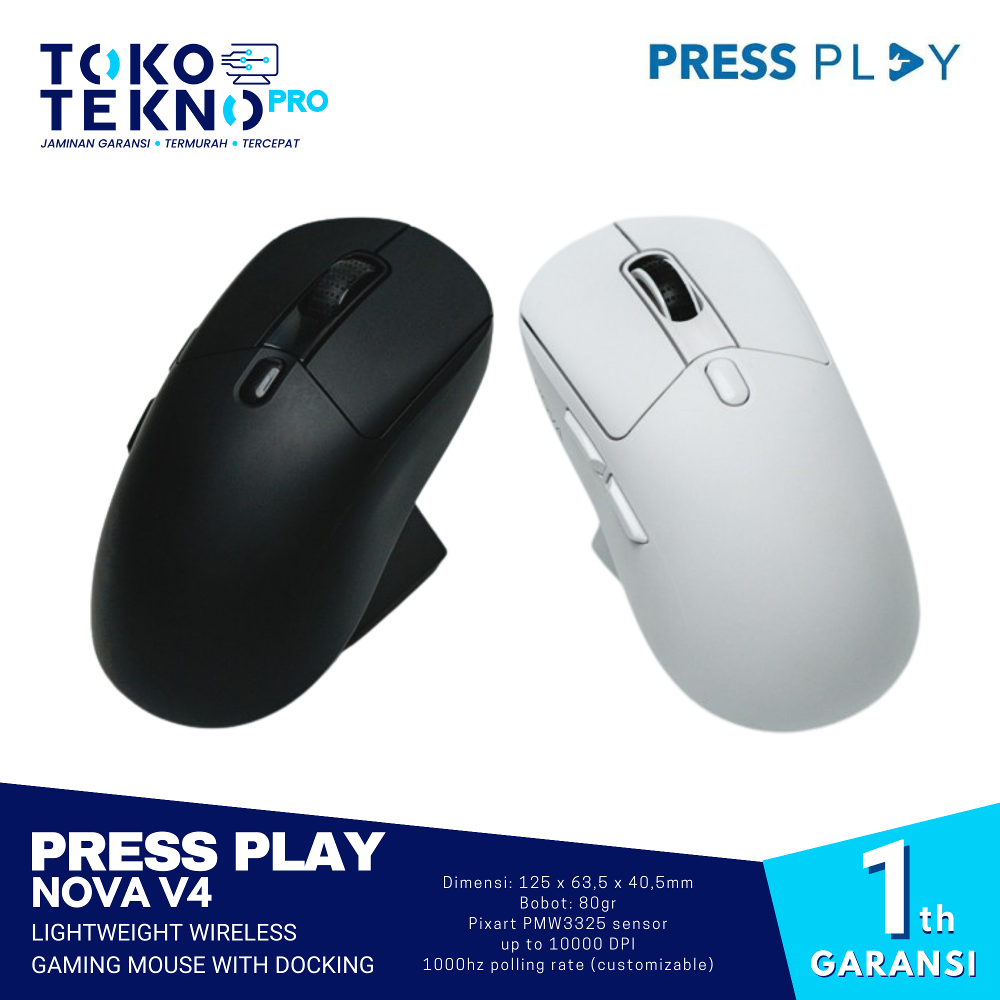 Press Play Nova V4 Lightweight Wireless Gaming Mouse With Docking